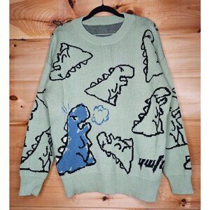Dinosaur Cartoon Pattern Knit Sweater Green With Blue Size Small No Tag